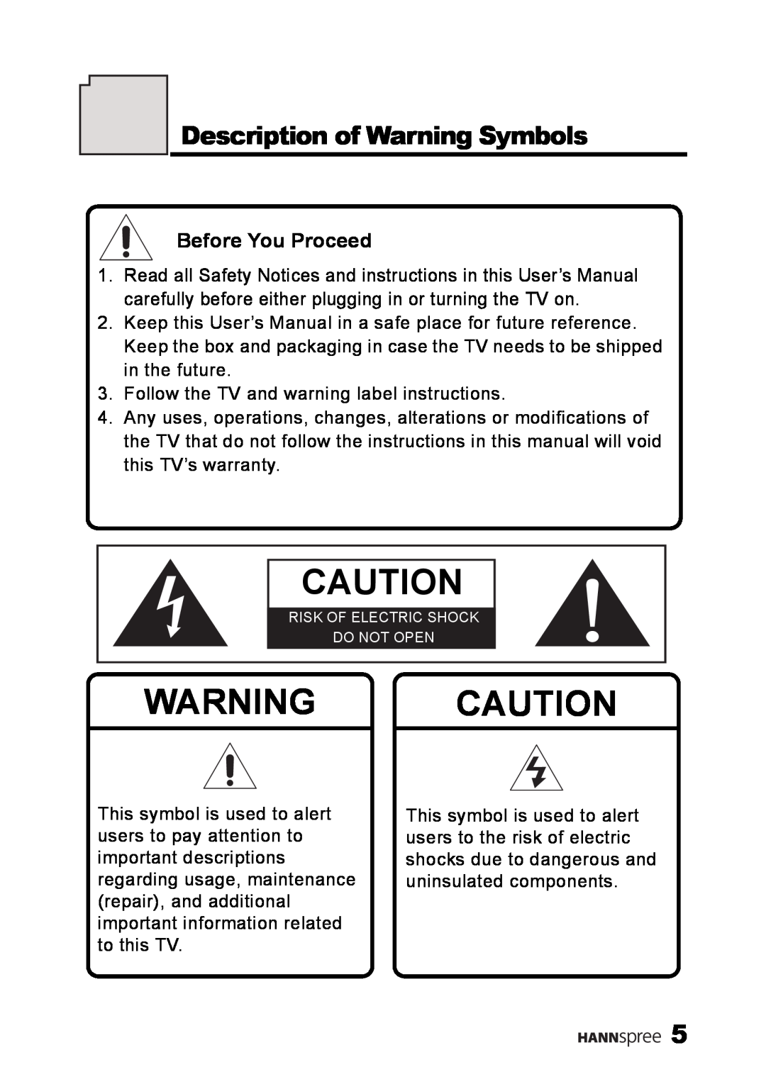 HANNspree MAK-000039 manual Warning Caution, Before You Proceed, Description of Warning Symbols 