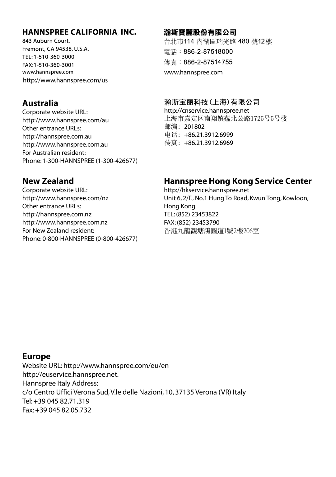 HANNspree MAK-000039 manual Australia, New Zealand, Europe, Hannspree Hong Kong Service Center, Hannspree Italy Address 