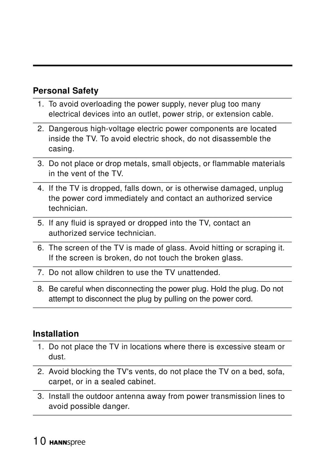 HANNspree MAK-000050 manual Personal Safety, Installation 