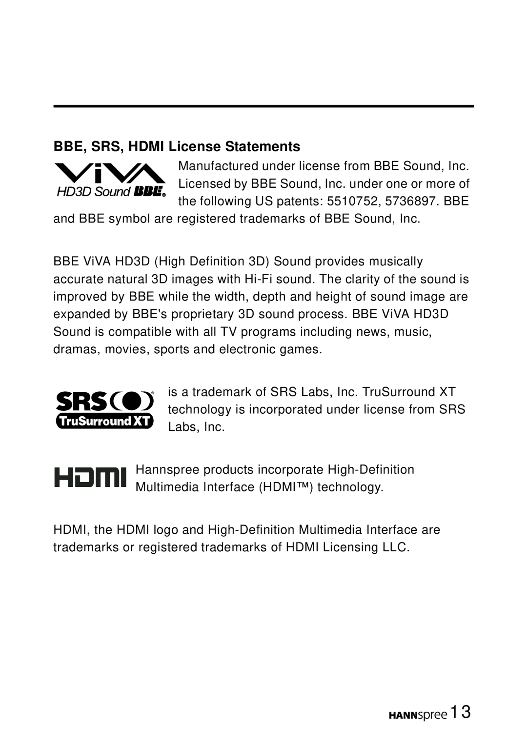 HANNspree MAK-000050 manual BBE, SRS, Hdmi License Statements 