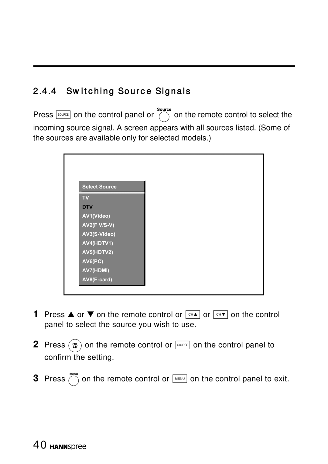 HANNspree MAK-000050 manual Switching Source Signals 