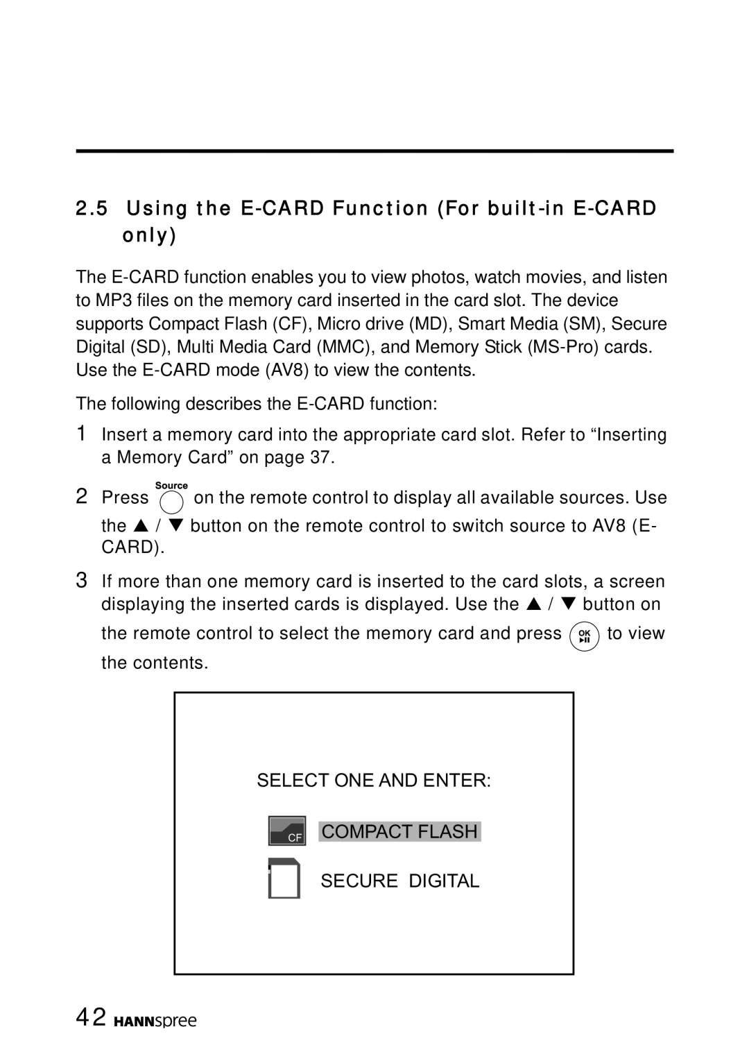 HANNspree MAK-000050 manual Using the E-CARD Function For built-in E-CARD only 