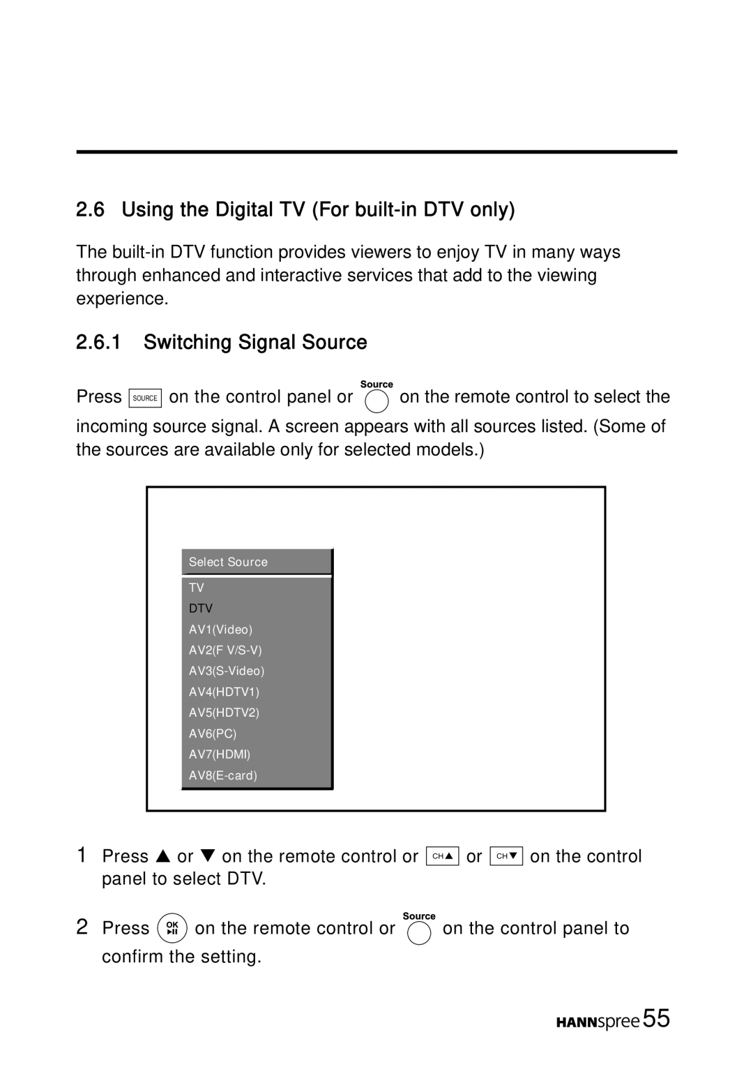 HANNspree MAK-000050 manual Using the Digital TV For built-in DTV only, Switching Signal Source 