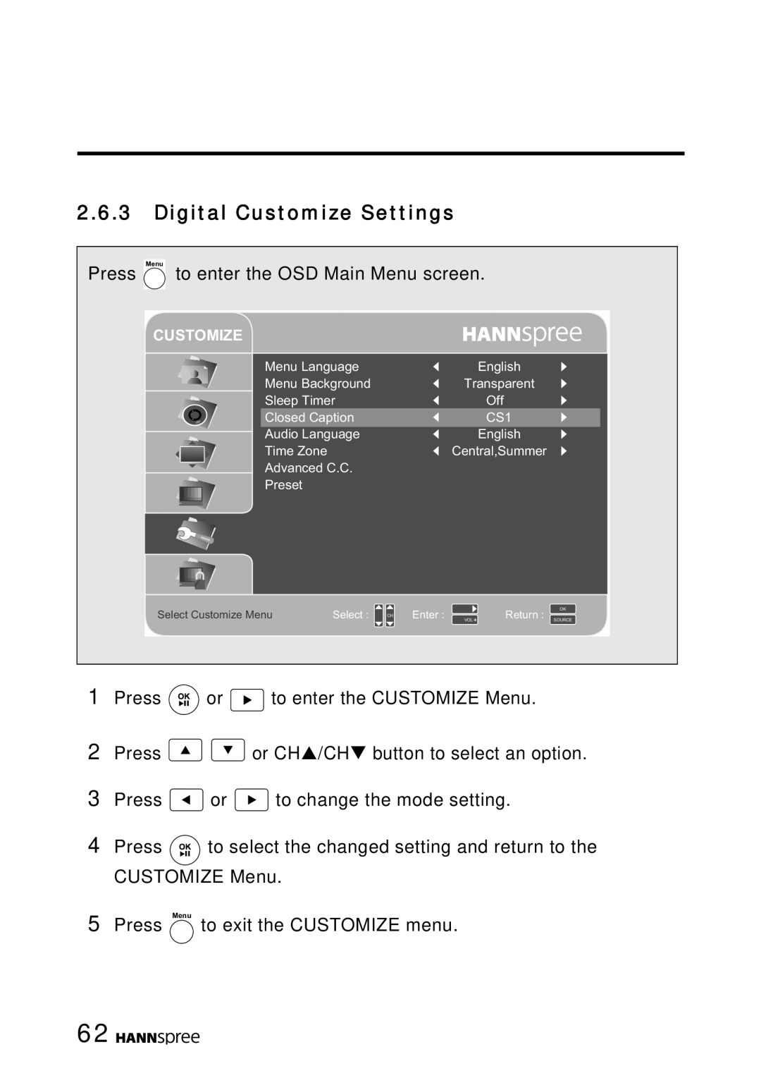 HANNspree MAK-000050 manual Digital Customize Settings 