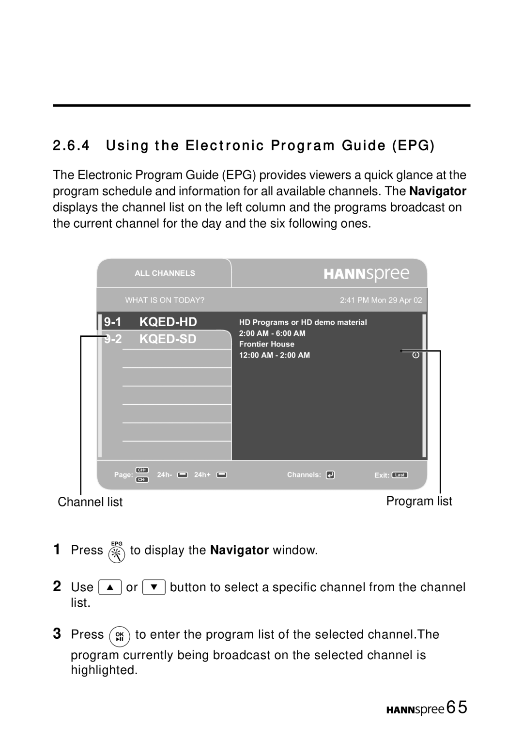 HANNspree MAK-000050 manual Using the Electronic Program Guide EPG, Kqed-Hd Kqed-Sd 