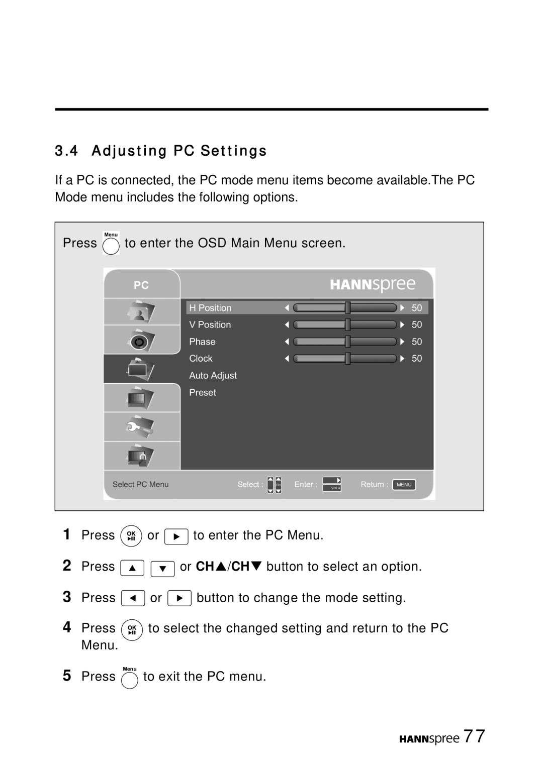 HANNspree MAK-000050 manual Adjusting PC Settings 