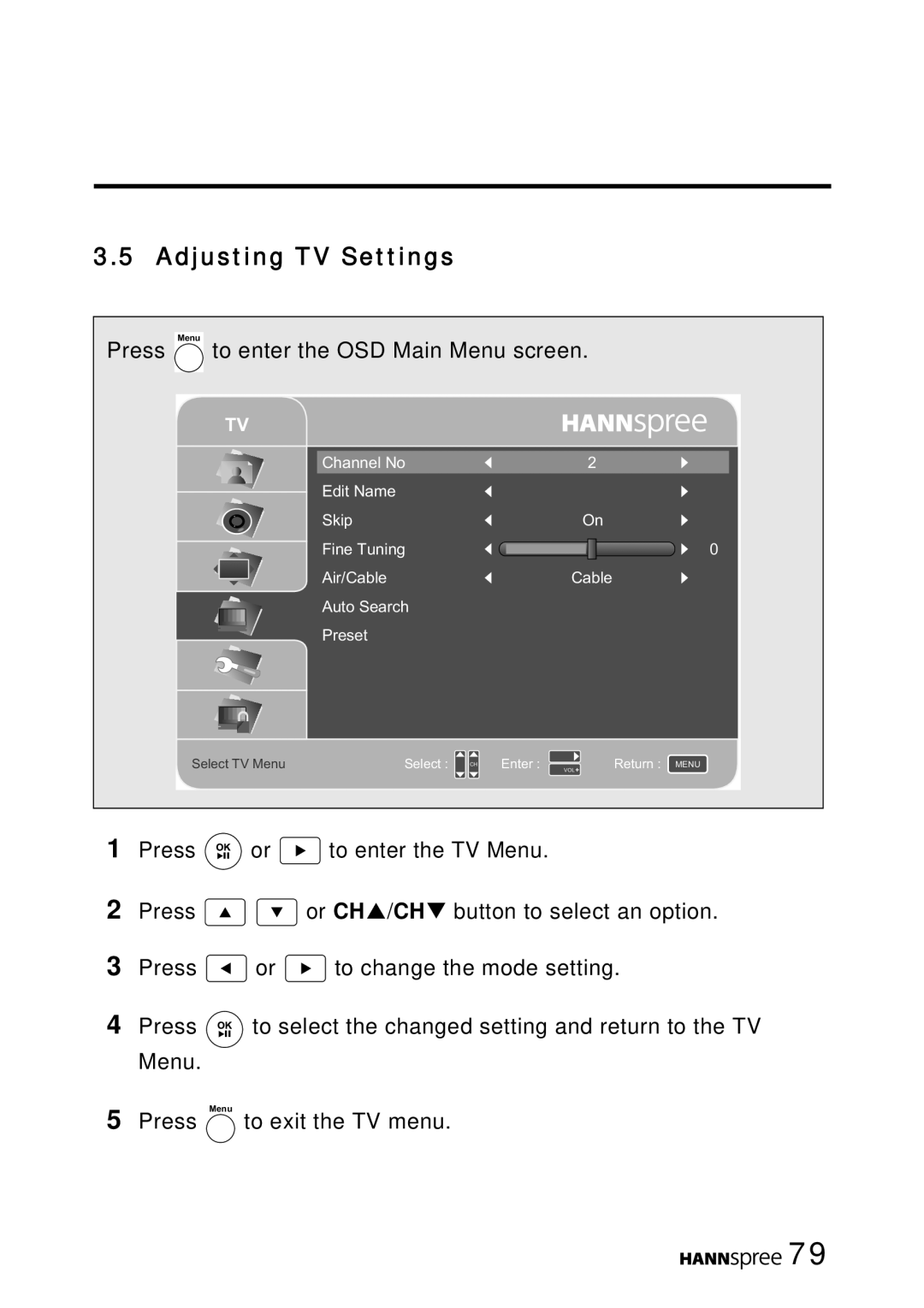 HANNspree MAK-000050 manual Adjusting TV Settings 