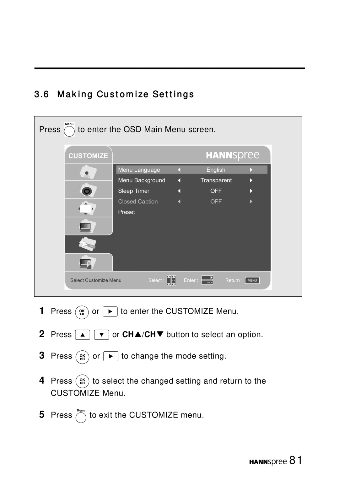 HANNspree MAK-000050 manual Making Customize Settings 