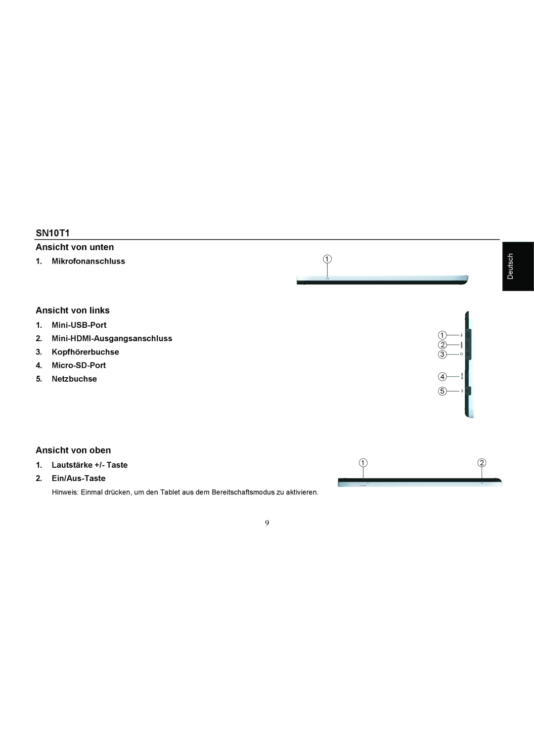 HANNspree SN10T1 quick start Ansicht von unten, Ansicht von links, Ansicht von oben 