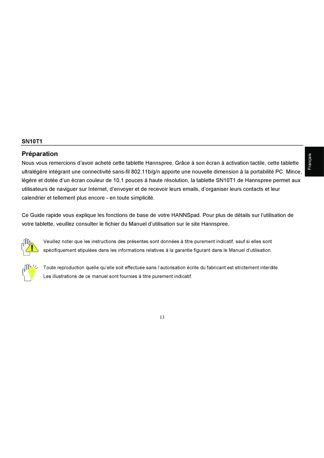 HANNspree SN10T1 quick start Préparation, Français 