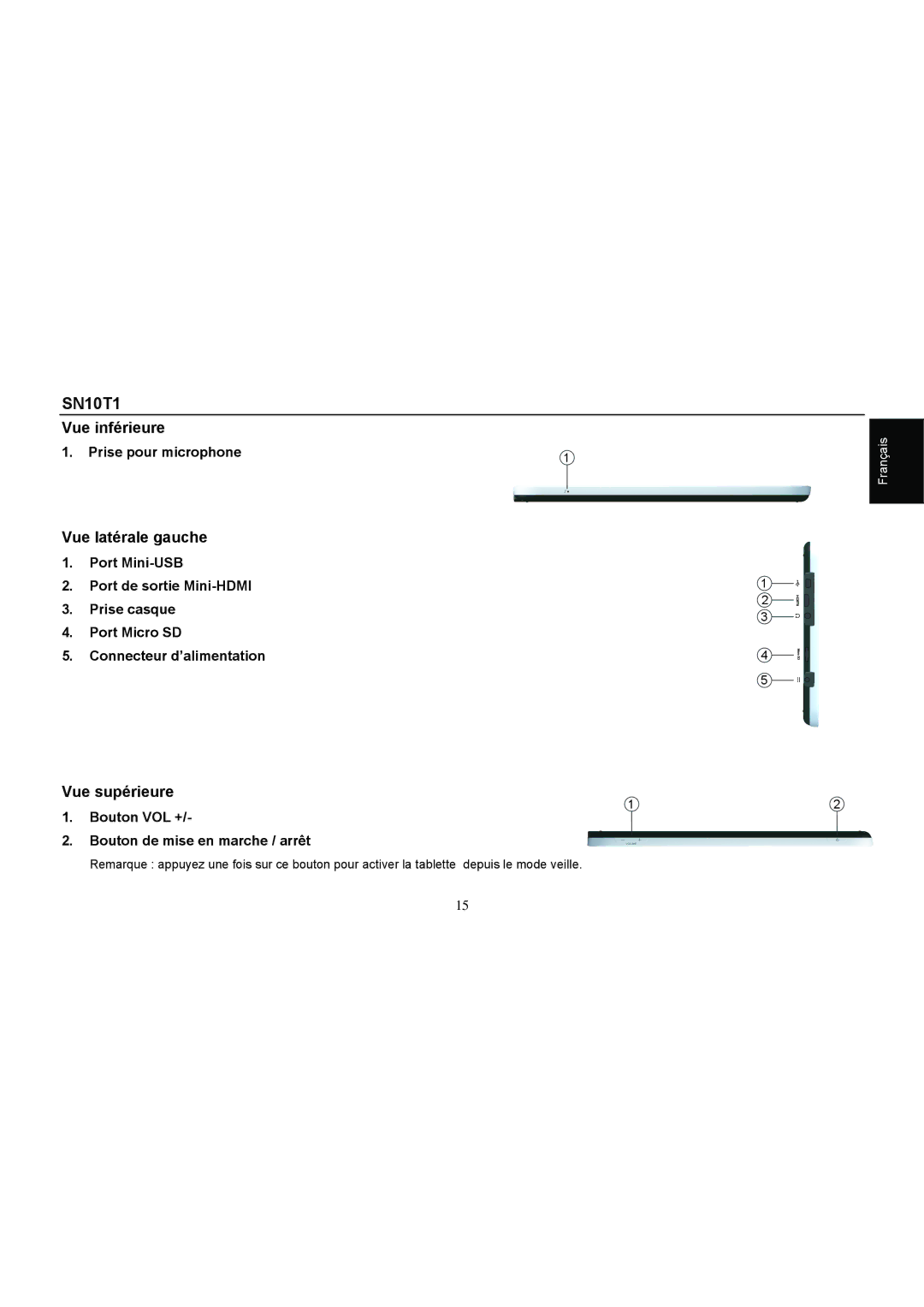 HANNspree SN10T1 quick start Vue inférieure, Vue latérale gauche, Vue supérieure 