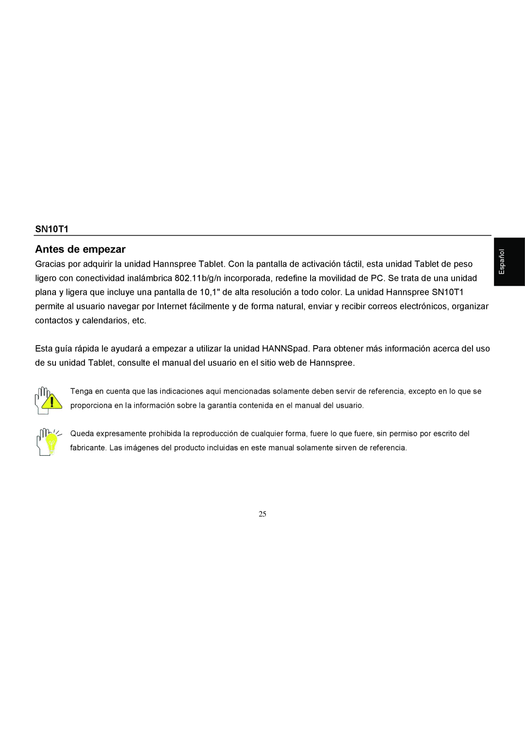 HANNspree SN10T1 quick start Antes de empezar 