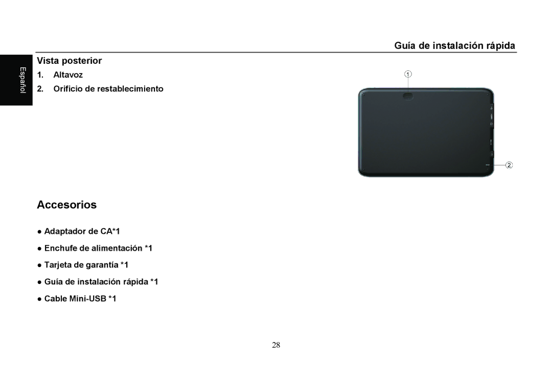 HANNspree SN10T1 quick start Accesorios, Vista posterior 