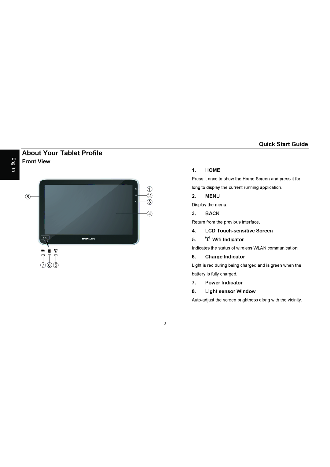 HANNspree SN10T1 quick start About Your Tablet Profile, Front View 