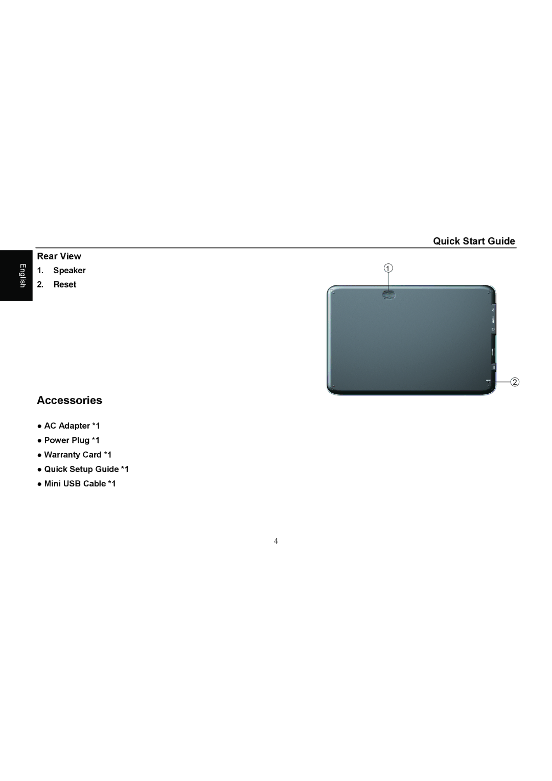 HANNspree SN10T1 quick start Accessories, Rear View 