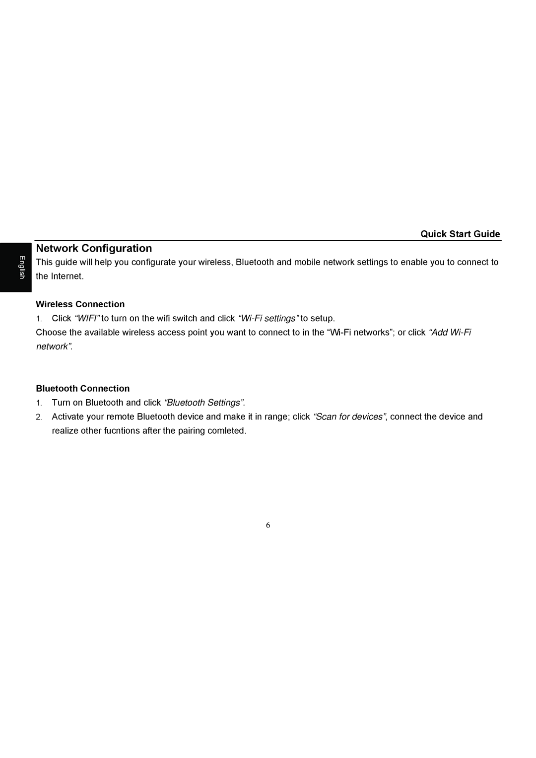 HANNspree SN10T1 quick start Network Configuration, Wireless Connection, Bluetooth Connection 