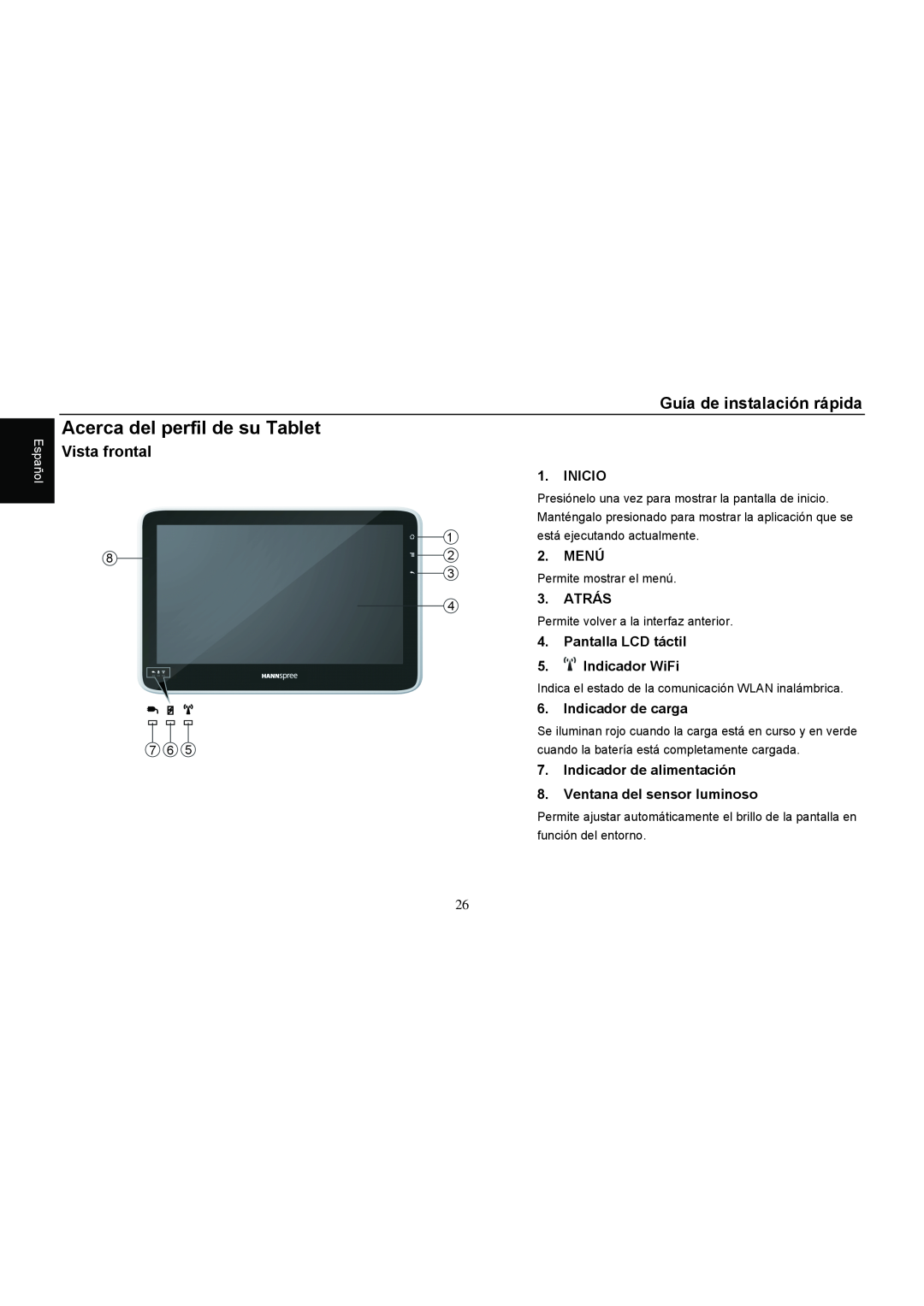 HANNspree SN10T1 Acerca del perfil de su Tablet, Guía de instalación rápida, Vista frontal, Inicio, Menú, 4 3. ATRÁS 