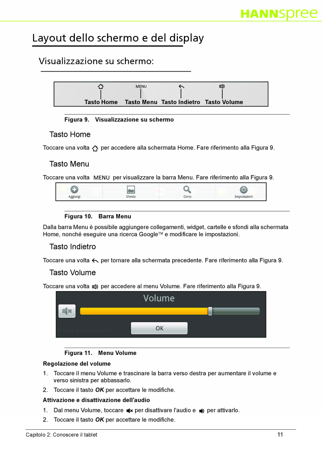 HANNspree SN10T2 manual Layout dello schermo e del display, Visualizzazione su schermo 