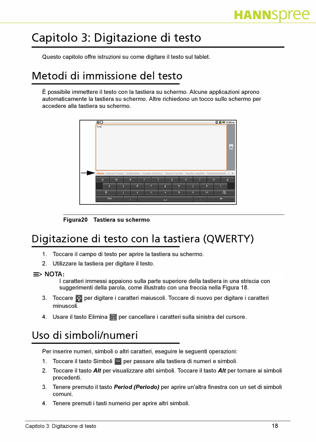 HANNspree SN10T2 manual Capitolo 3 Digitazione di testo, Metodi di immissione del testo, Uso di simboli/numeri 