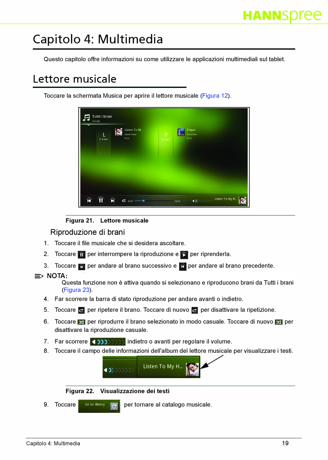 HANNspree SN10T2 manual Capitolo 4 Multimedia, Riproduzione di brani 