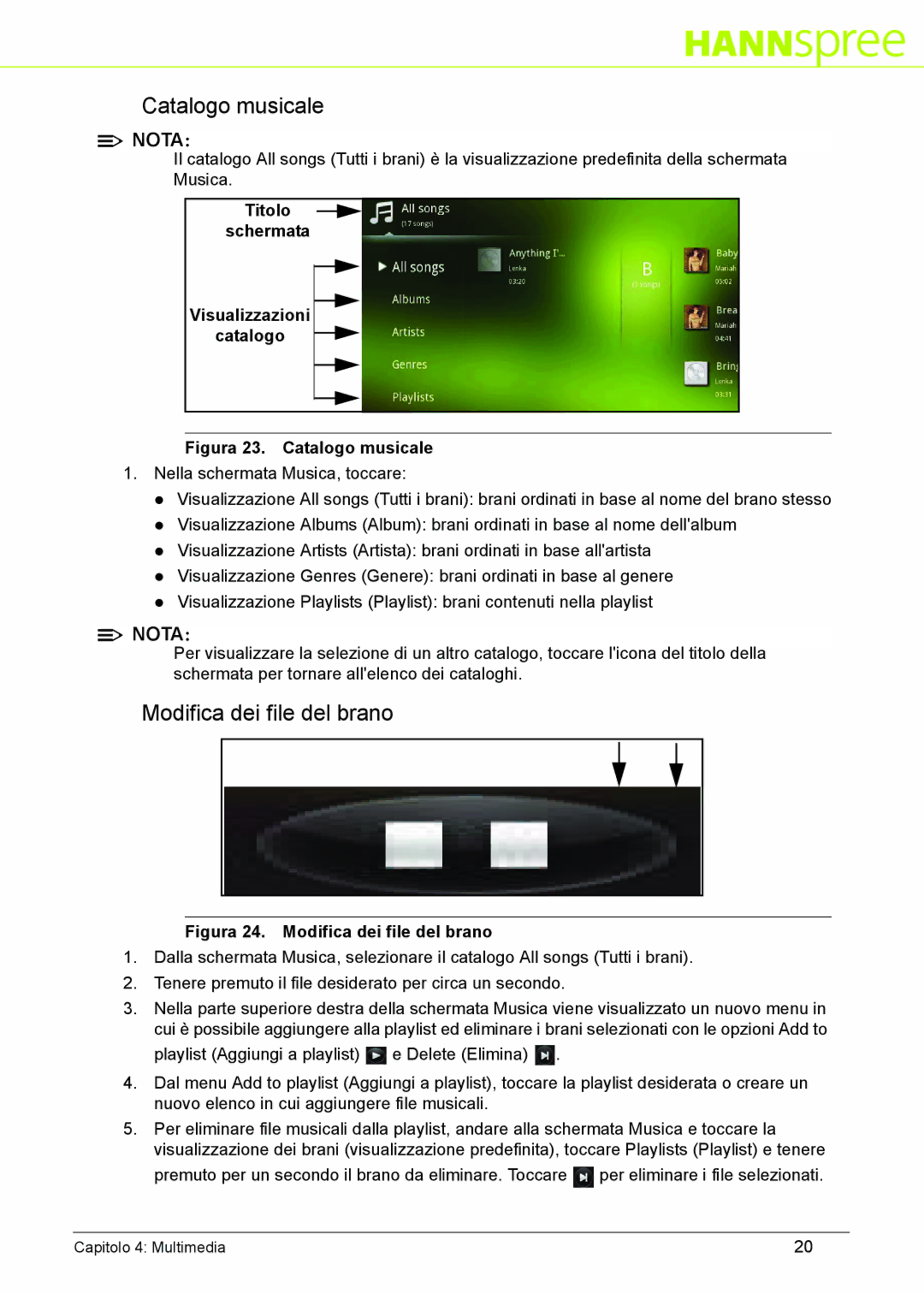 HANNspree SN10T2 manual Catalogo musicale, Modifica dei file del brano 