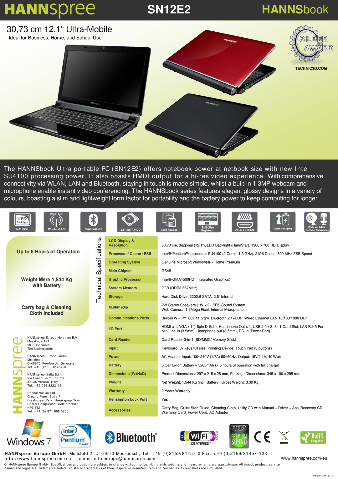 HANNspree technical specifications SN12E2HANNSbook, 30,73 cm 12.1 Ultra-Mobile, Technical Specifications 