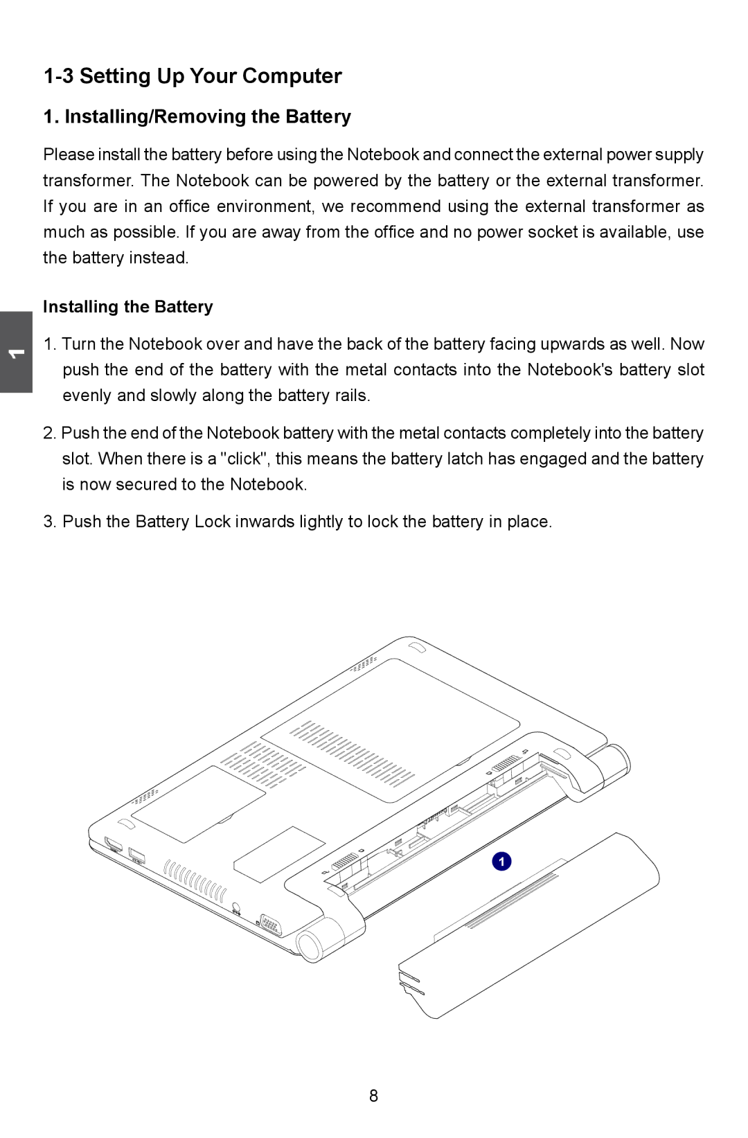 HANNspree SN12E2 manual Setting Up Your Computer, Installing/Removing the Battery, Installing the Battery 