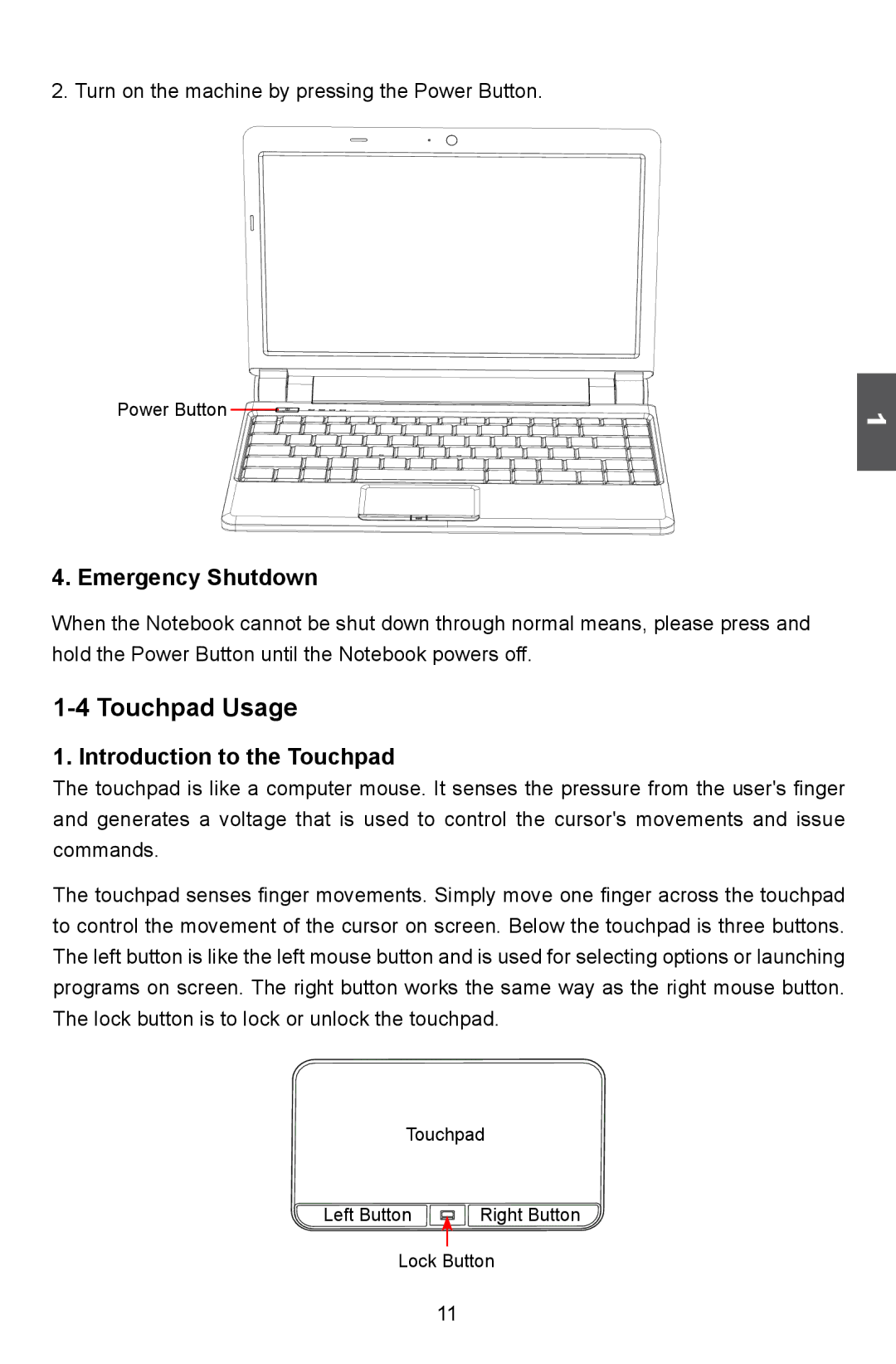 HANNspree SN12E2 manual Touchpad Usage, Emergency Shutdown, Introduction to the Touchpad 