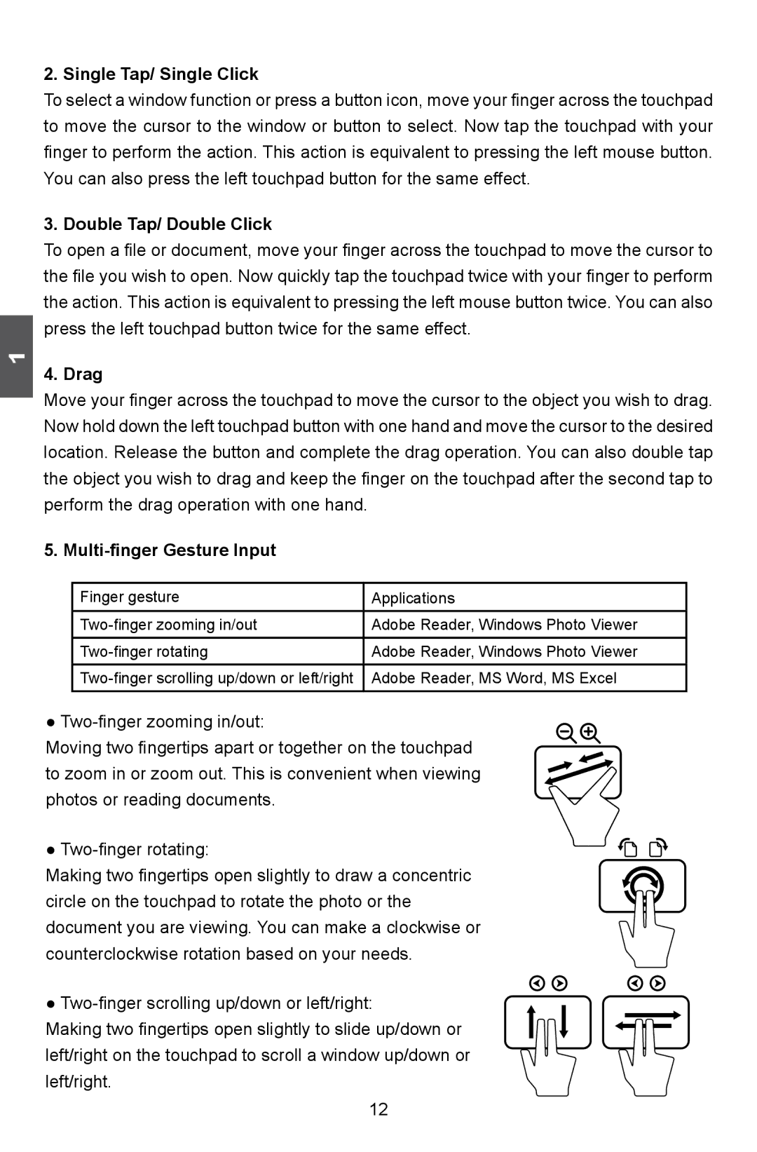 HANNspree SN12E2 manual Single Tap/ Single Click, Double Tap/ Double Click, Drag, Multi-finger Gesture Input 