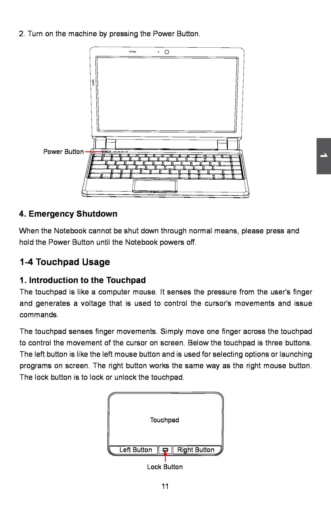 HANNspree SN12E2 manual Touchpad Usage, Emergency Shutdown, Introduction to the Touchpad 