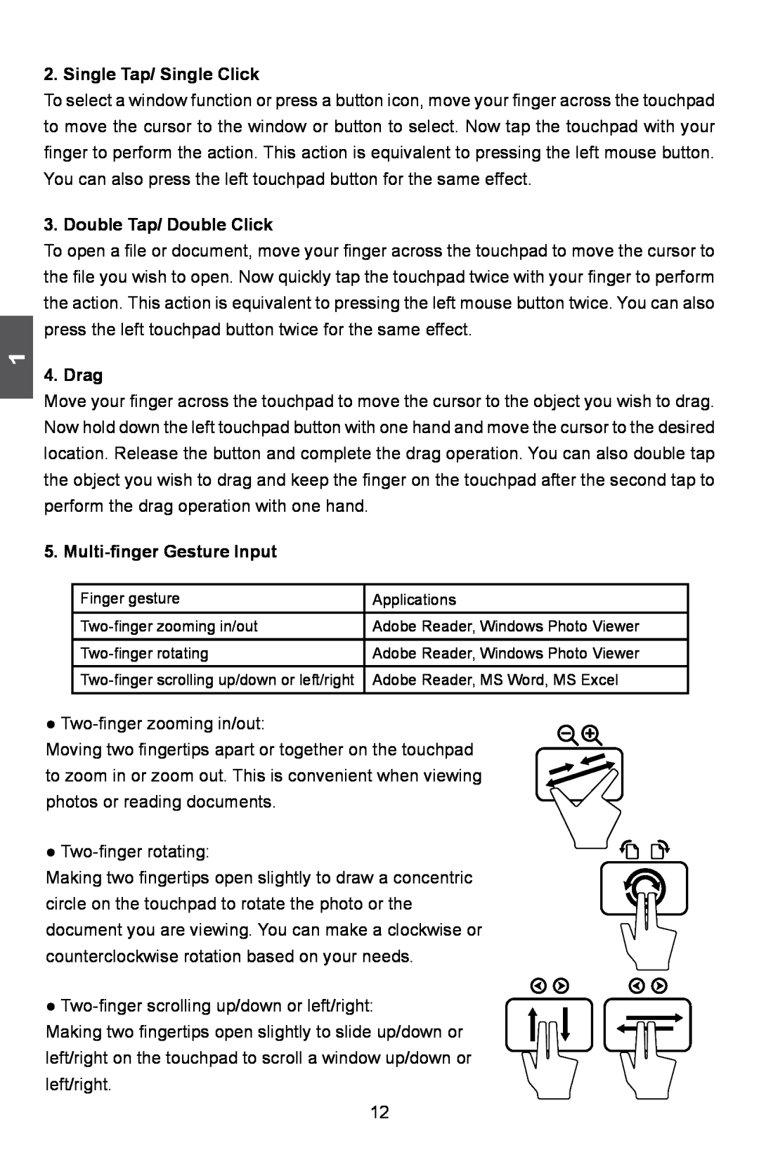 HANNspree SN12E2 manual Single Tap/ Single Click, Double Tap/ Double Click, Drag, Multi-finger Gesture Input 