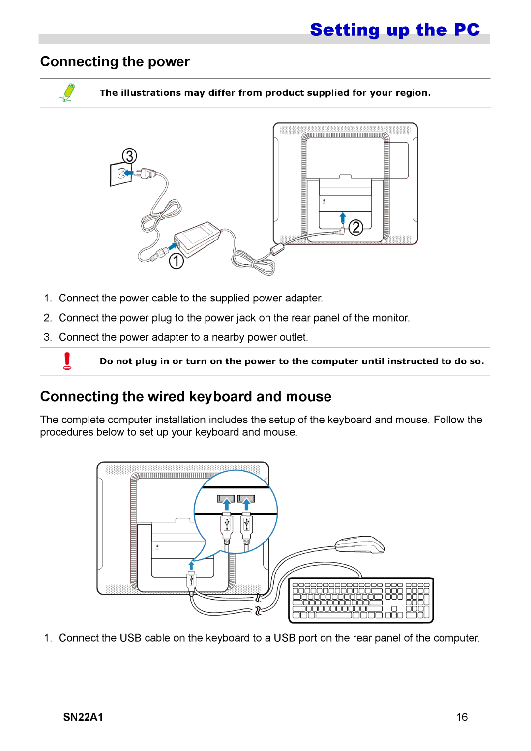 HANNspree SN22A1 user manual Connecting the power, Connecting the wired keyboard and mouse 