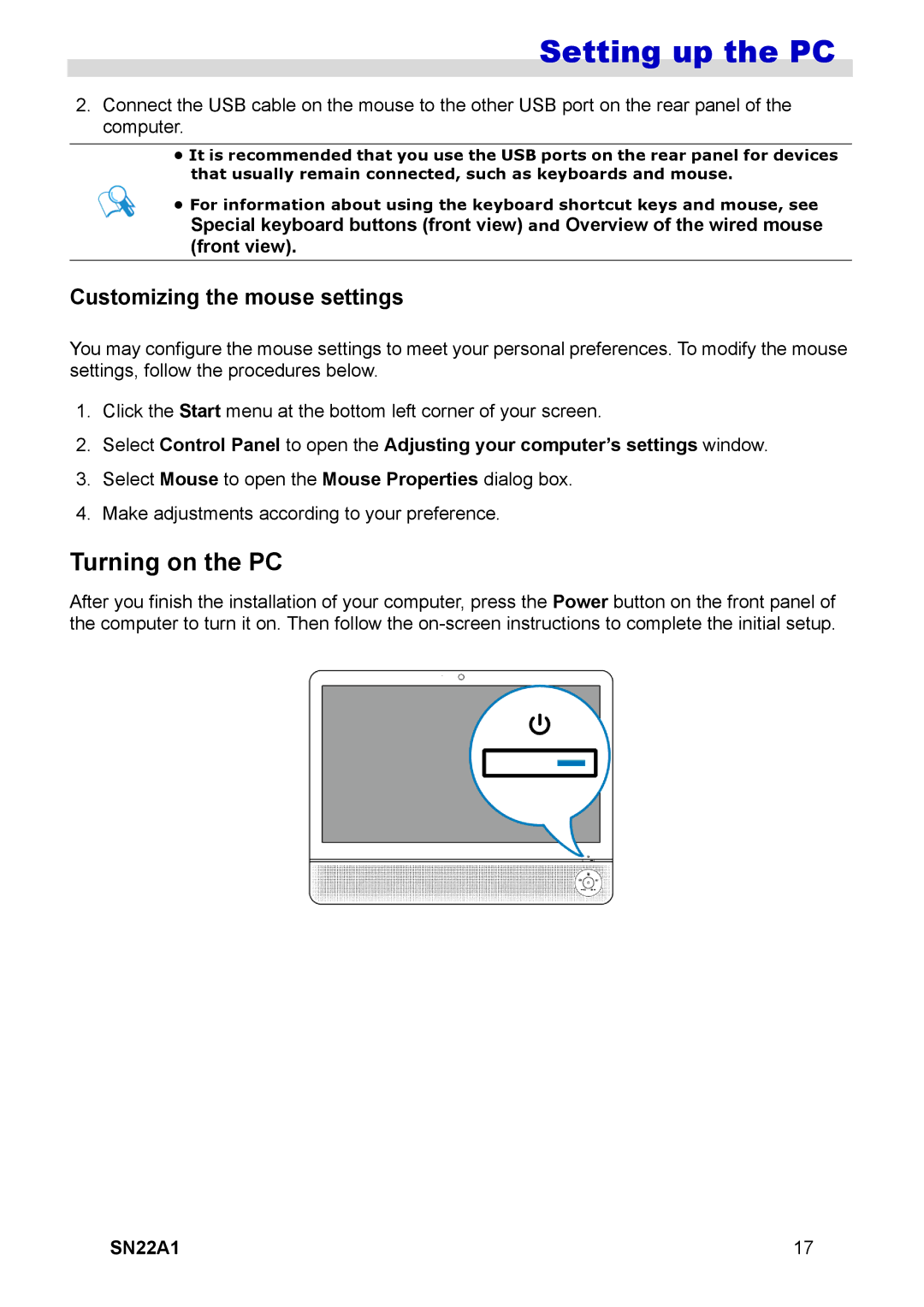 HANNspree SN22A1 user manual Turning on the PC, Customizing the mouse settings 