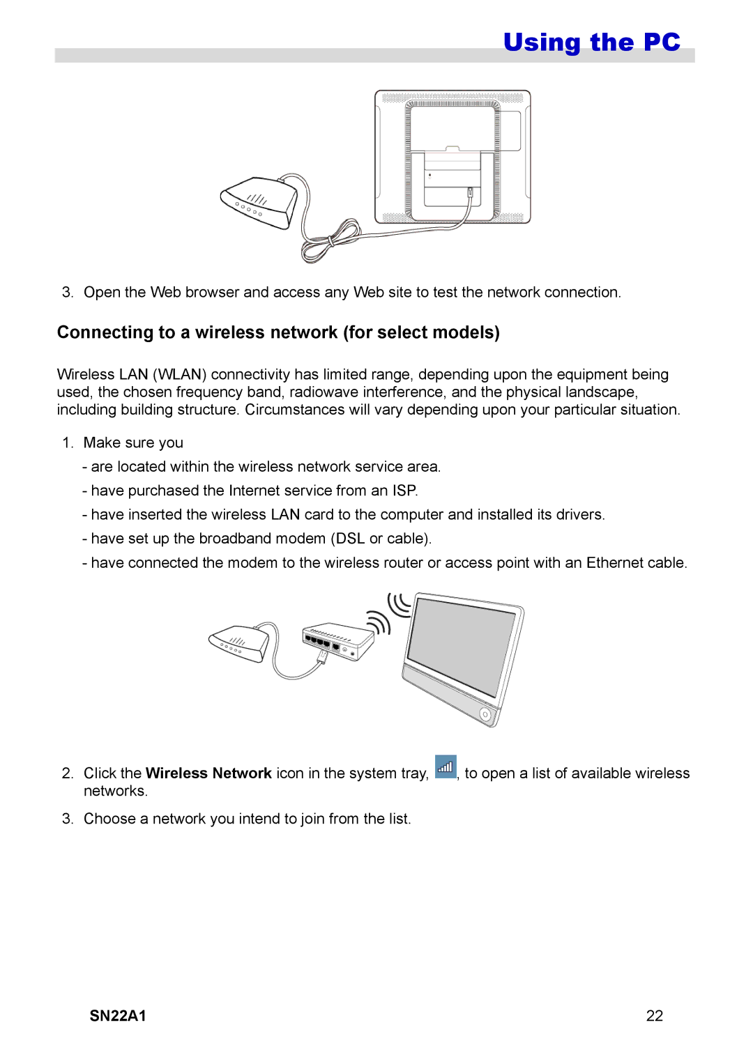 HANNspree SN22A1 user manual Using the PC, Connecting to a wireless network for select models 