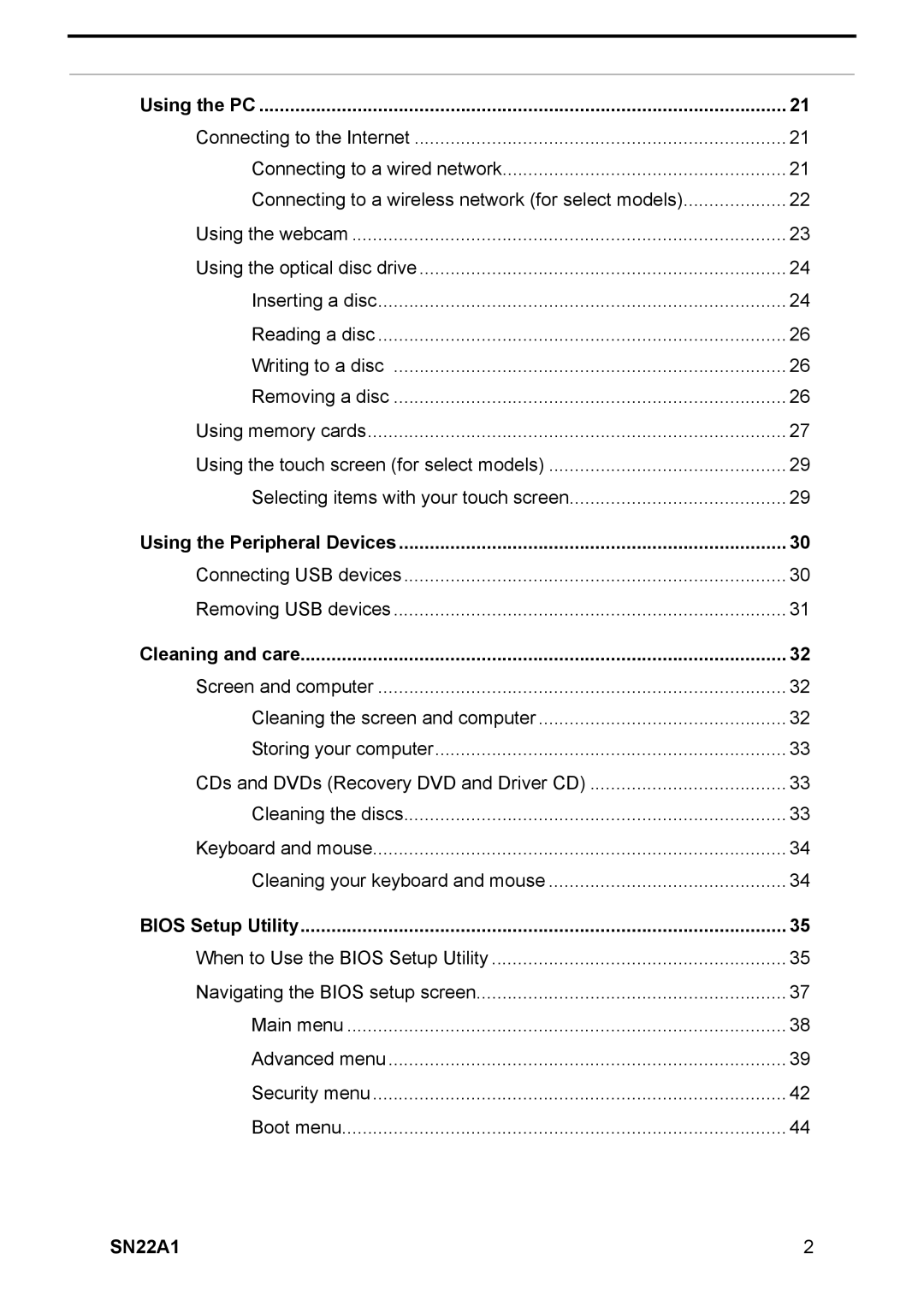 HANNspree SN22A1 user manual Using the PC, Using the Peripheral Devices, Cleaning and care, Bios Setup Utility 