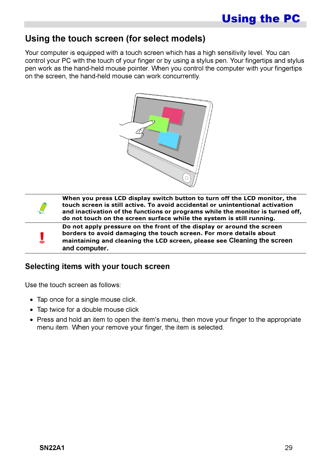 HANNspree SN22A1 user manual Using the touch screen for select models, Selecting items with your touch screen, Computer 