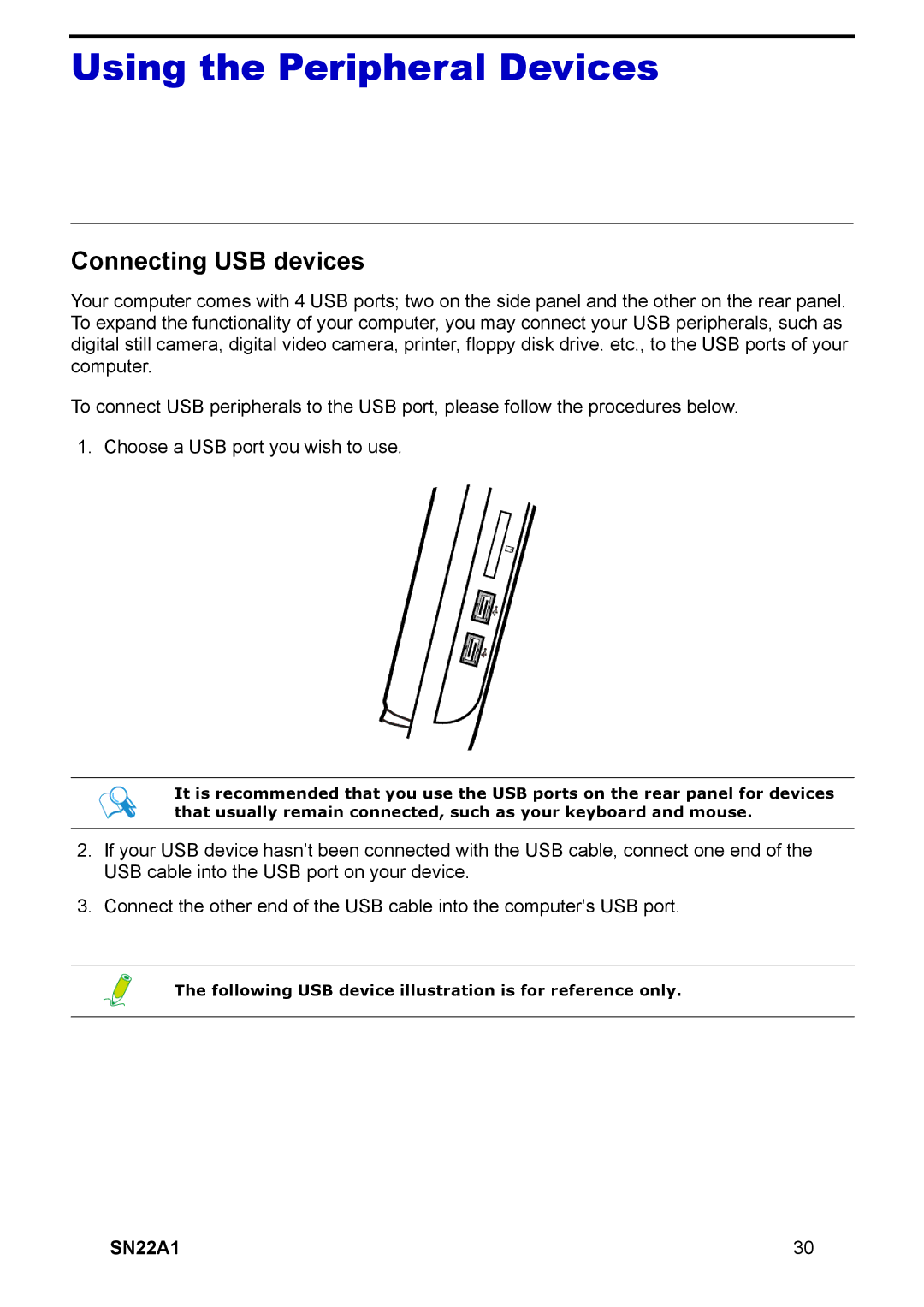 HANNspree SN22A1 user manual Using the Peripheral Devices, Connecting USB devices 