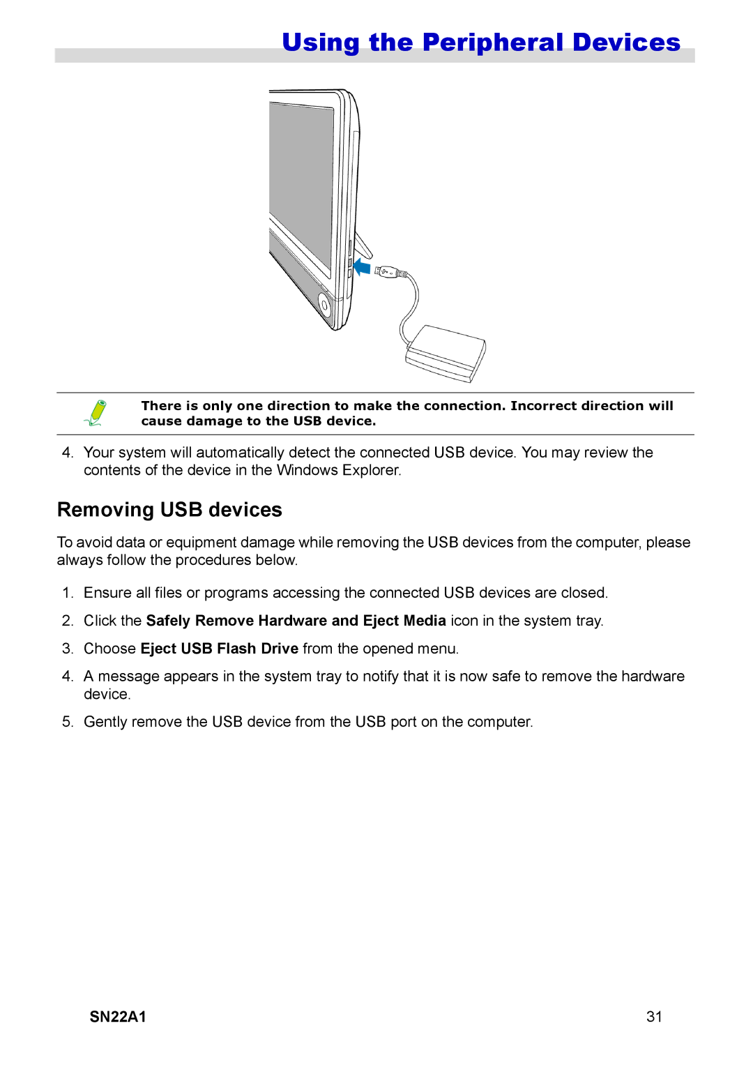 HANNspree SN22A1 user manual Using the Peripheral Devices, Removing USB devices 