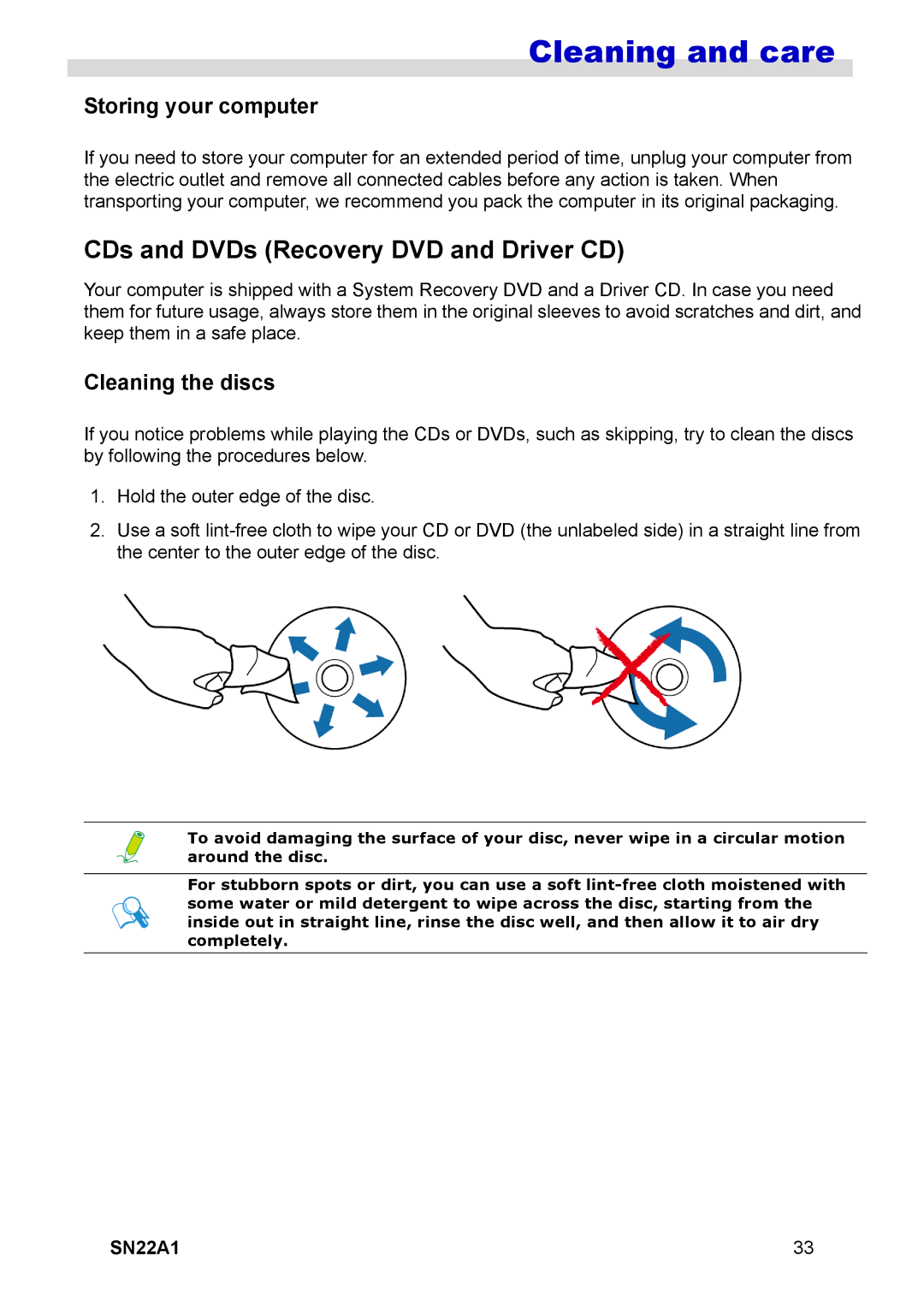 HANNspree SN22A1 Cleaning and care, CDs and DVDs Recovery DVD and Driver CD, Storing your computer, Cleaning the discs 