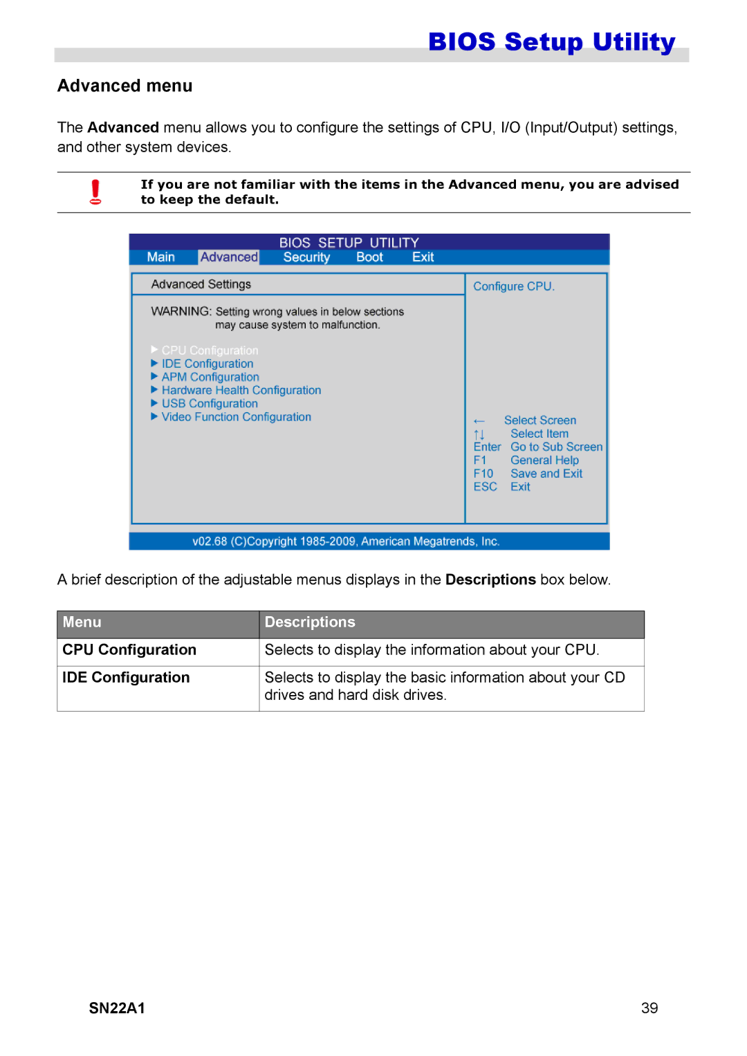 HANNspree SN22A1 user manual Advanced menu, CPU Configuration, IDE Configuration 