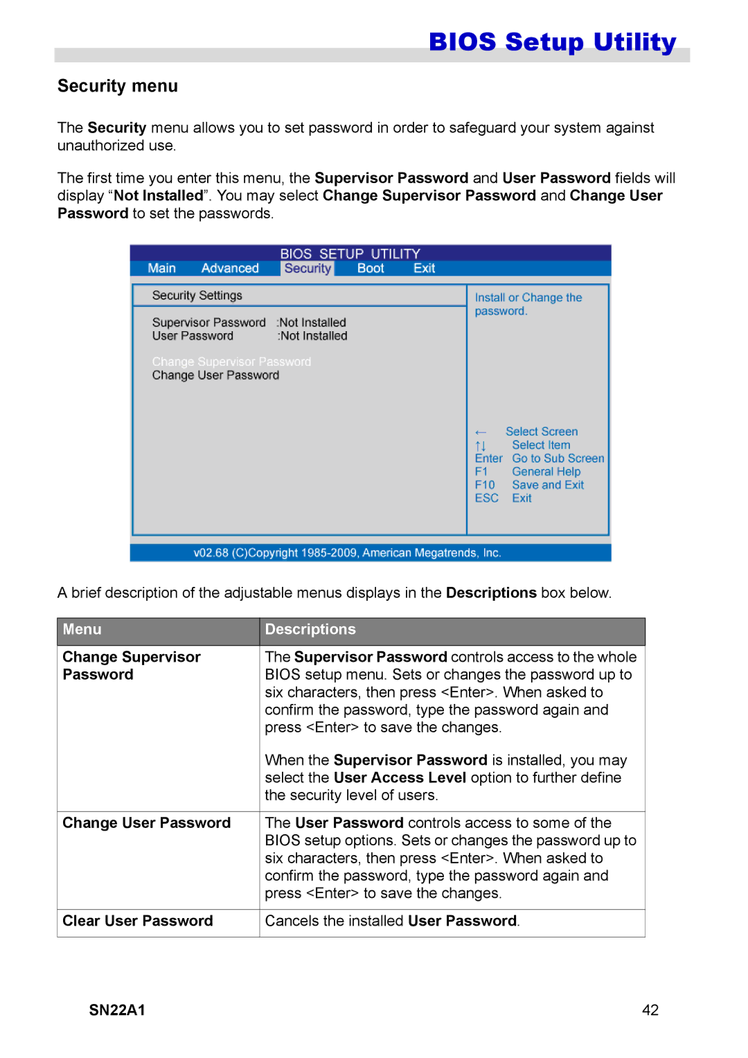 HANNspree SN22A1 user manual Security menu, Change Supervisor, Change User Password, Clear User Password 