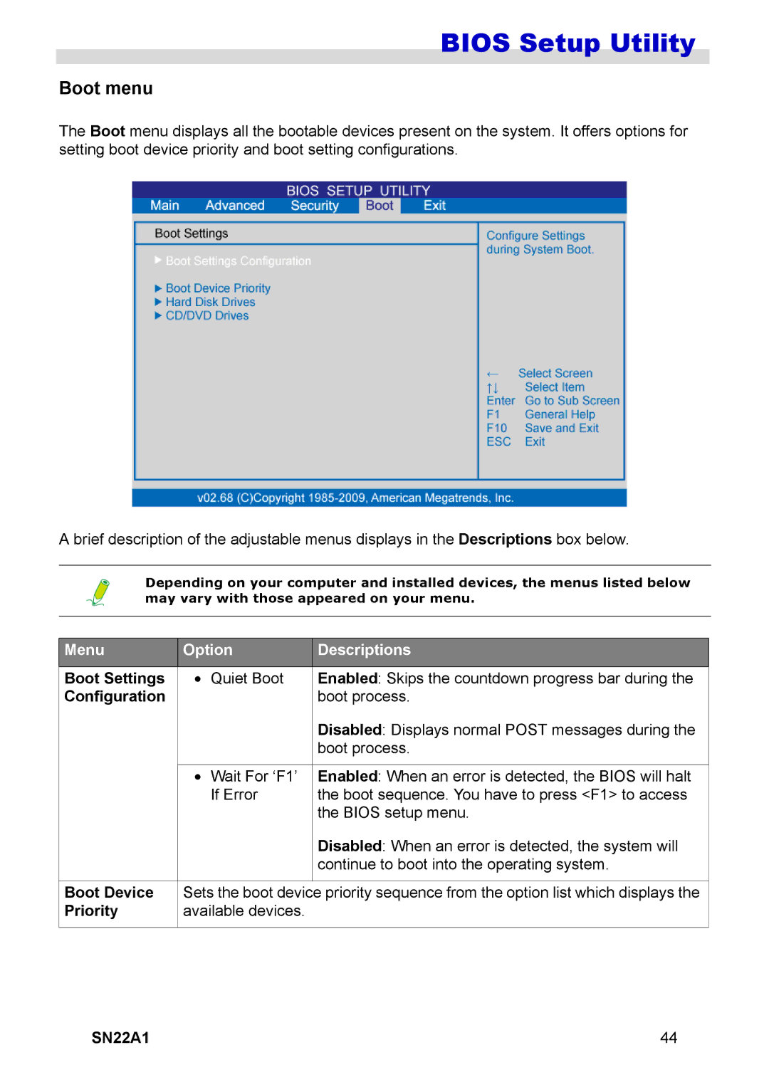 HANNspree SN22A1 user manual Boot menu, Menu Option Descriptions, Boot Settings, Boot Device, Priority 