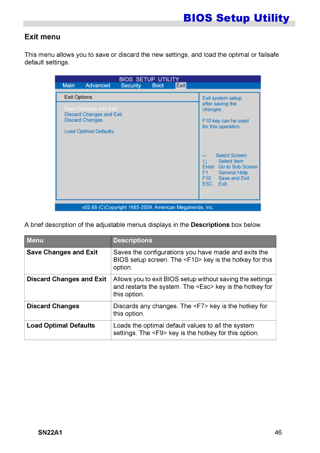 HANNspree SN22A1 user manual Exit menu, Save Changes and Exit, Discard Changes and Exit, Load Optimal Defaults 