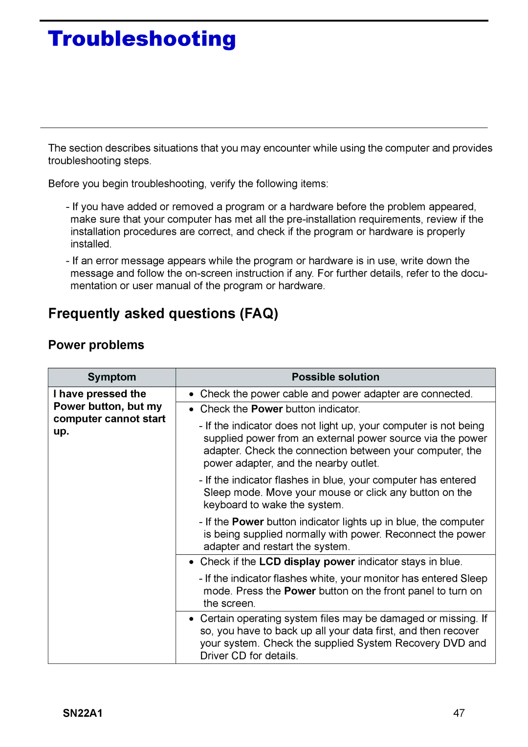 HANNspree SN22A1 user manual Troubleshooting, Frequently asked questions FAQ, Power problems 