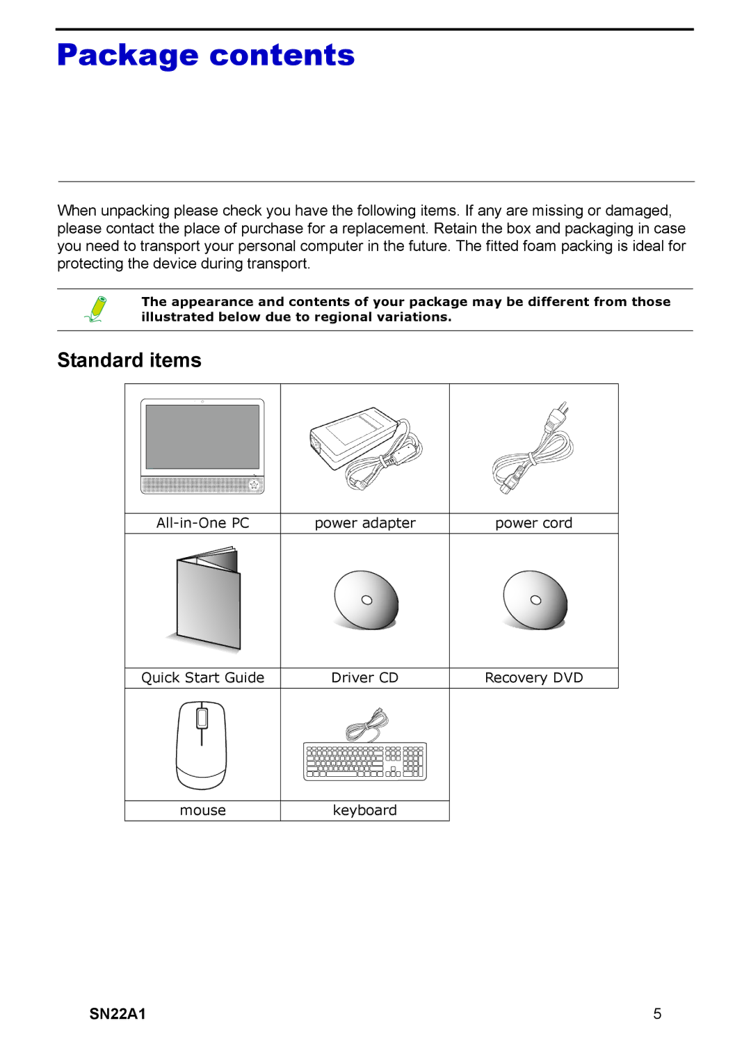 HANNspree SN22A1 user manual Package contents 