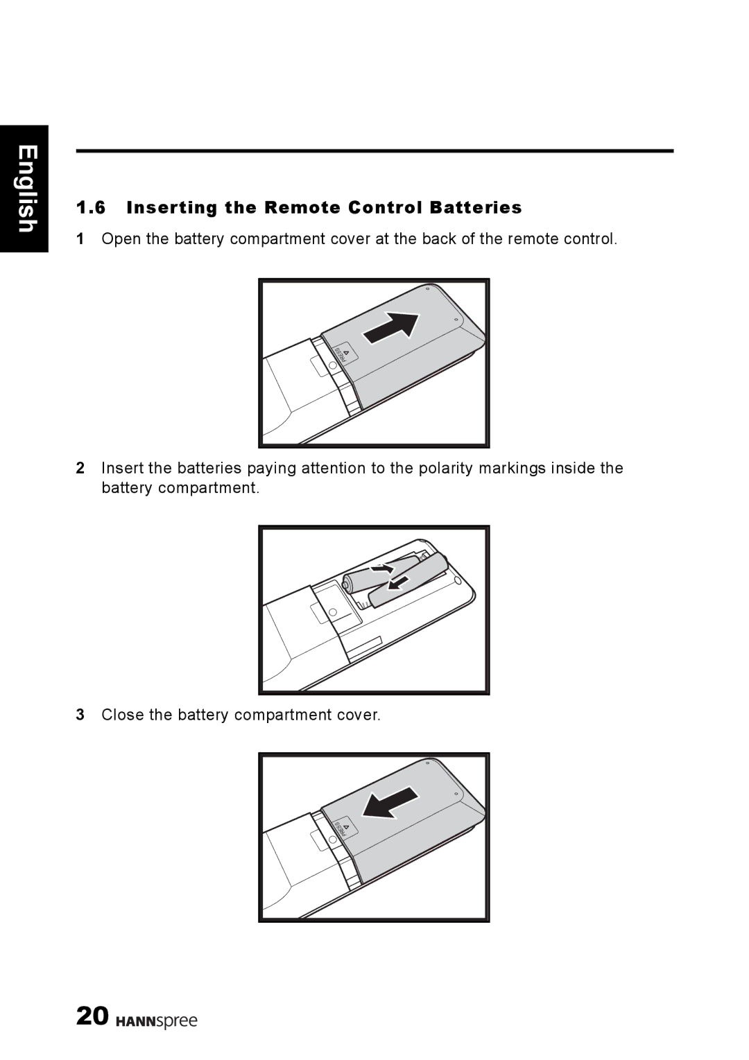 HANNspree S_ST55F_UM_US_V01_H manual Inserting the Remote Control Batteries 