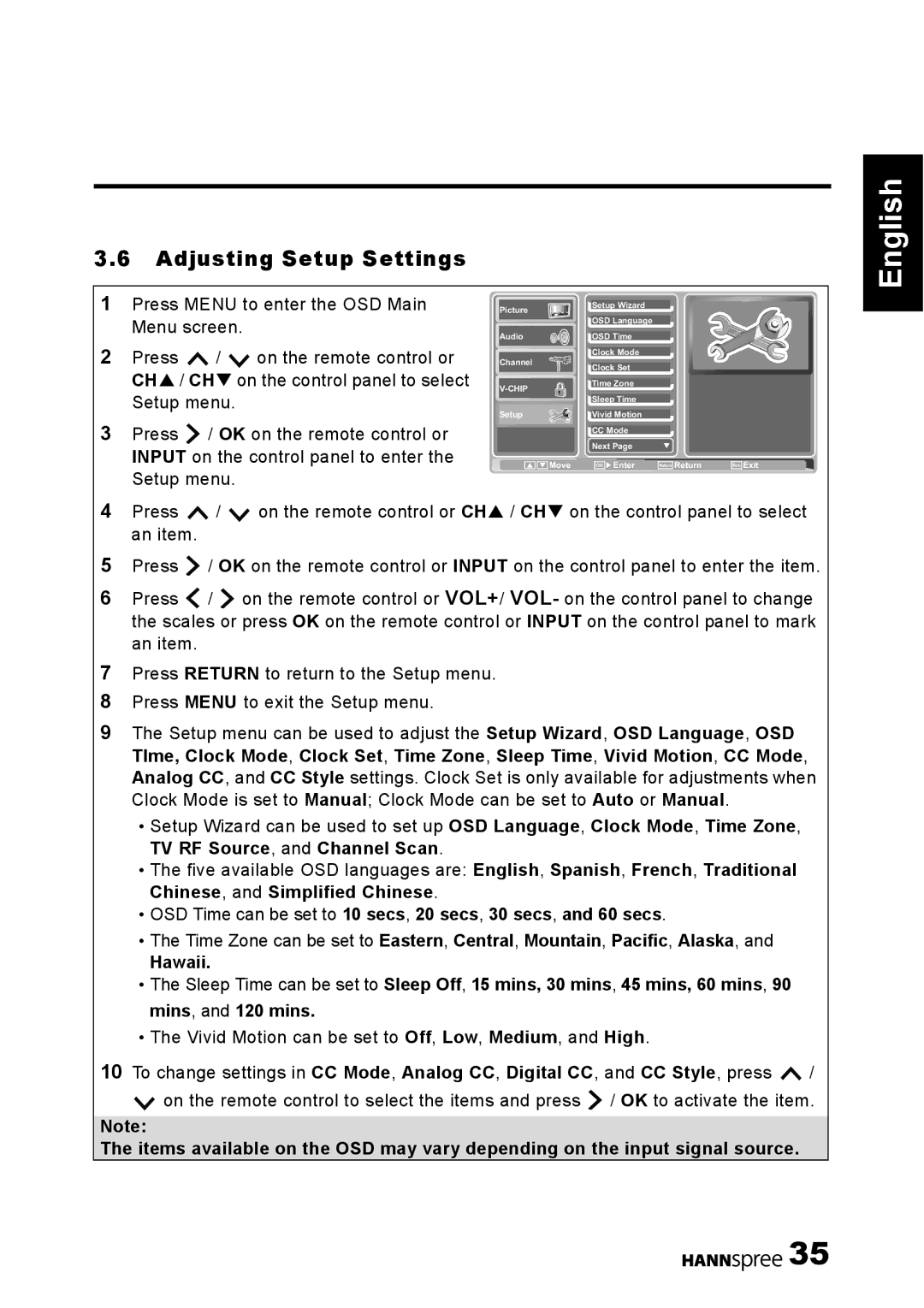 HANNspree S_ST55F_UM_US_V01_H manual Adjusting Setup Settings 