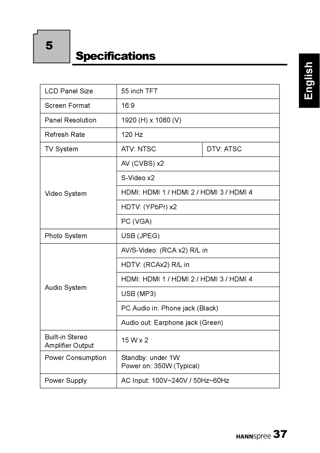 HANNspree S_ST55F_UM_US_V01_H manual Specifications, USB MP3 