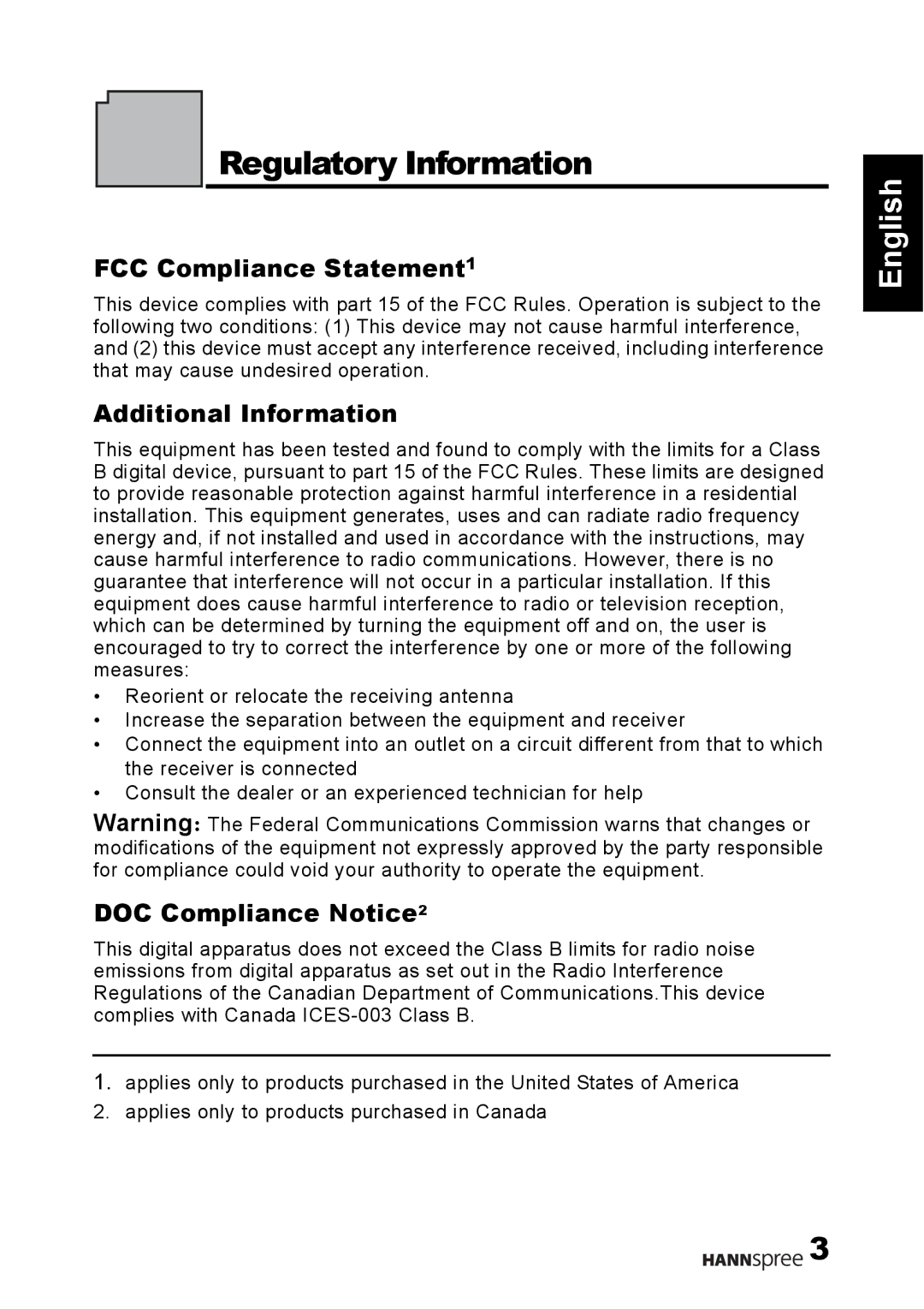 HANNspree S_ST55F_UM_US_V01_H manual Regulatory Information, FCC Compliance Statement1 