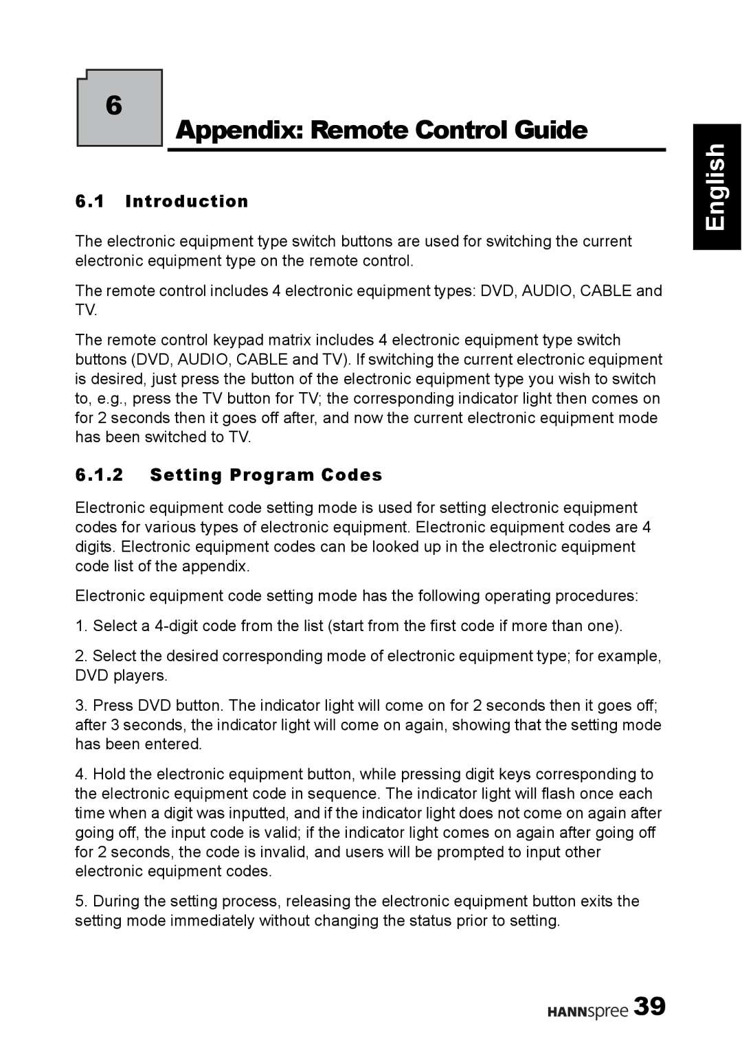 HANNspree S_ST55F_UM_US_V01_H manual Introduction, Setting Program Codes 